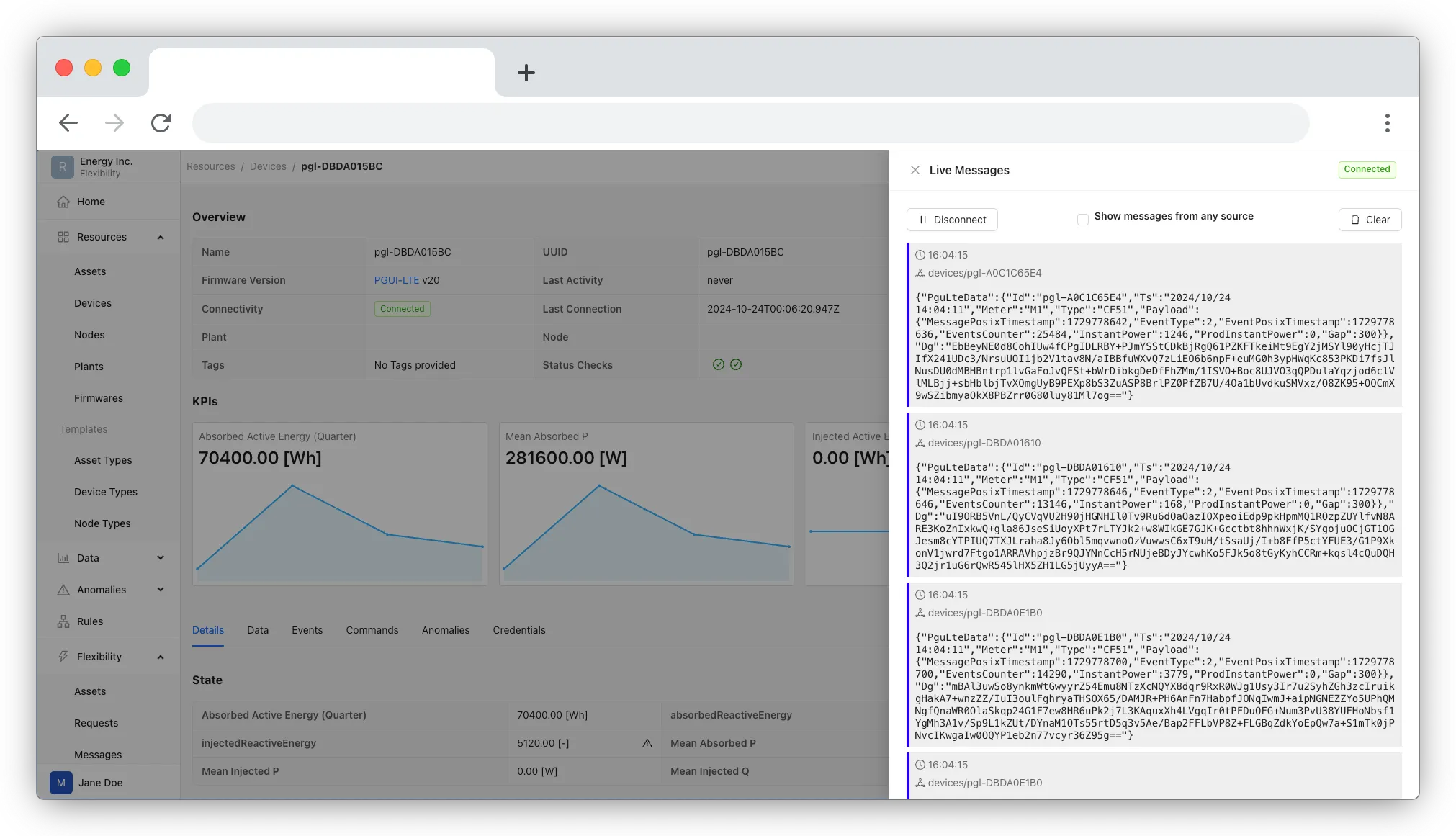 Apio IoT dashboard — device messages